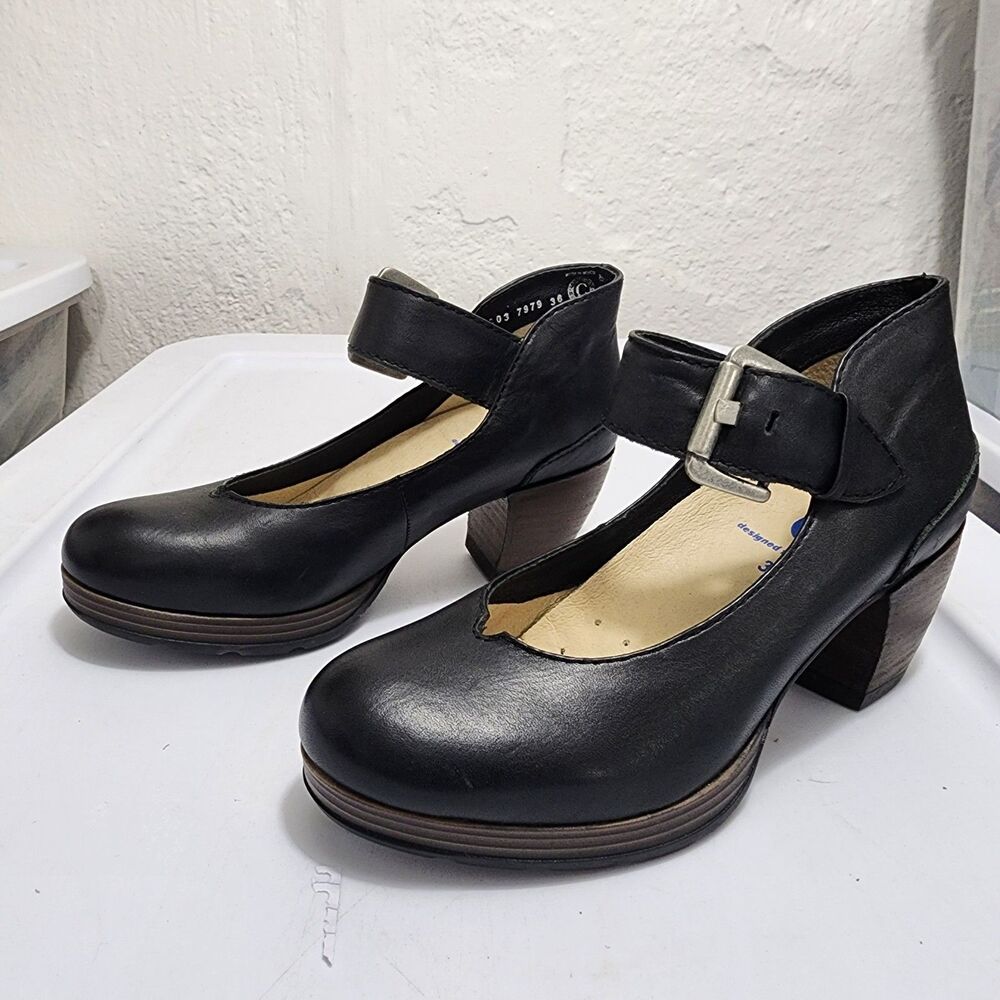 Wolky Aya Black Leather Mary Jane Heels Comfort Memory Foam Womens 36 5.5-6